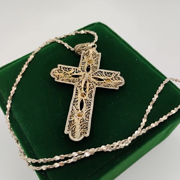 Filigree Antique Gold on Sterling Silver Cross on 22-Inch Chain - Picture 2 of 5